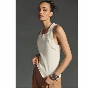 Anthropologie Ivory Maeve Ribbed Lace Trim Ruffle Tank Top Petite Size LP NWT